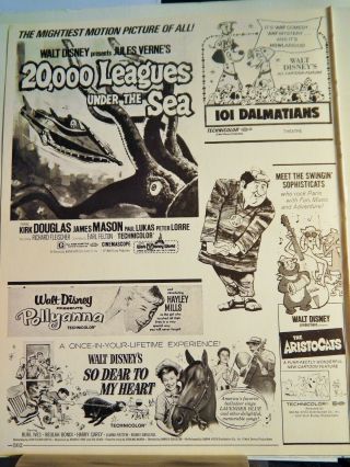 Walt Disney 20,  000 Leagues/ Polyanna/ 101 Dalmatians Movie Ads Vtg 1972 Reprint