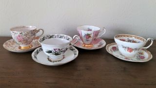 Vintage English Teacups & Saucers Set Of 4 Tea Party Pink Floral Royal Albert