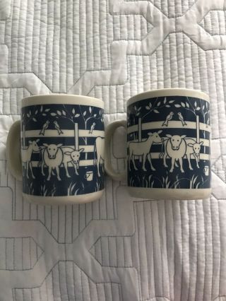 Vintage Papel Barnyard Animals Coffee Cup Mug Blue W/ Birds & Cows Set Of 2