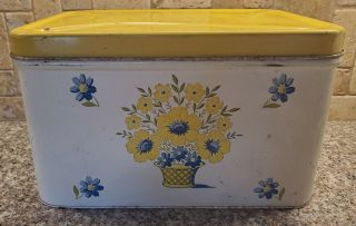 Vintage Decoware Vented Large Metal Bread Box White/floral Yellow Hinged Lid