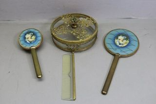 Vintage 4 Piece Vanity Set Gold Tone Trinket Jewelry Box Comb Brush Mirror