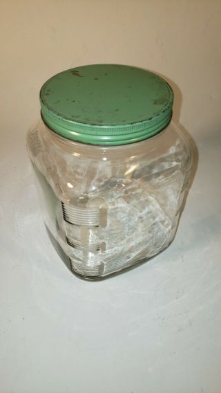 Vintage Ribbed Glass Kitchen Canister With Green Tin Lid 8 " X 6 "