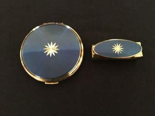 Vintage Stratton England Royal Blue Compact Set Matching Lipstick Holder Mirror