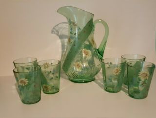 Vtg Green Glass Pitcher 4 Glasses Set Yellow Flowers Hand Painted