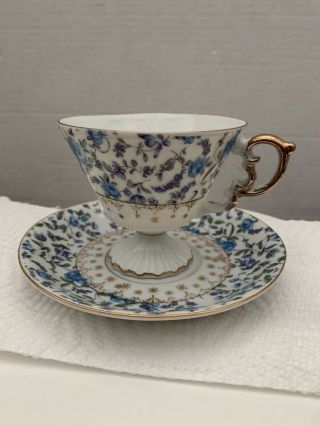 Vintage Teacup And Saucer White W/ Blue Flowers Gold Trim Bone China