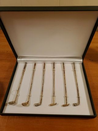 Vintage Set Of 6 Silver Plated Golf Club Cocktail Drink Stirrers With Hard Case