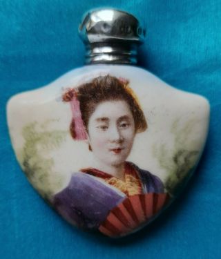 1904 Silver Top Porcelain Perfume Bottle Japanese Girl