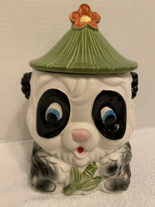 Vintage Panda Bear Cookie Jar Ceramic Green Hat Bamboo Japan Exc Cond