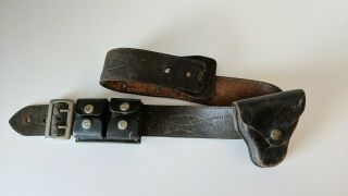 Vintage Belt Black Leather 34 With Bucheimer Handcuff & Double Ammo Pouch