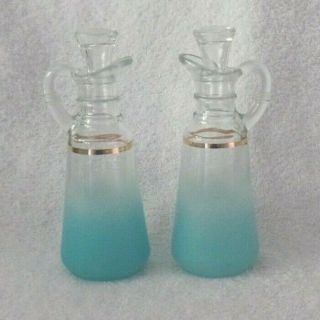 Blendo Frosted Blue Glass Cruet Oil & Vinegar Bottles W/ Stoppers