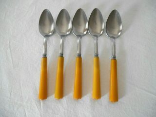5 Vintage Butterscotch Bakelite Handle Stainless Steel Soup Spoons