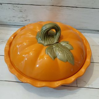 Covered Pumpkin Pie Dish Plate With Lid Orange Ceramic