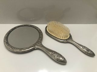 Silver Plated Vanity Dresser Set Hand Mirror And Brush Heavy Vintage