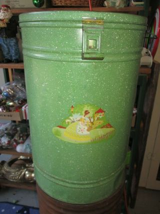 Antique Vintage Large Metal Can Storage Flour Bin Kitchenware Green White Specks