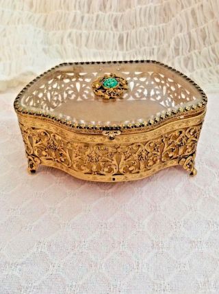 Vintage Gold Filigree Beveled Glass Ormolu With Turquoise Colored Stone On Glass
