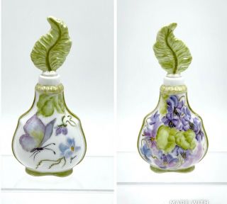 Vintage Porcelain Perfume Bottle Hand Painted Floral Butterfly Leaf Stopper 5.  5 "