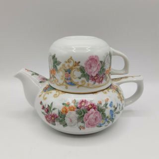 Andrea By Sadek Japan Individual Teapot Cup Set Amore Design White Floral 2 Cup