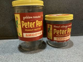 2x Peter Pan Smooth Peanut Butter Glass Jars W Lids & Labels 1lb 2oz & 12oz