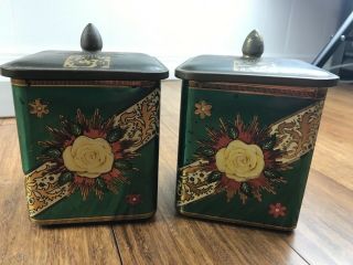 4.  5” Set Vintage Square Yellow Flower Tin Container Cookie Tea Biscuit Toffee