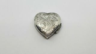 Vintage Sterling Silver Engraved Heart Shaped Pill Box