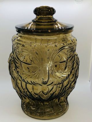 Vintage Libby 1970s Smoked Glass Owl Cookie Jar Large Brown Amber Glass Canister