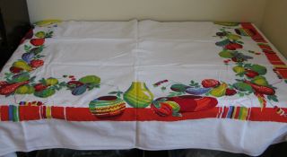 Vintage Heavy Cotton Mexican Fruit Tablecloth 1940 
