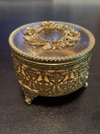 Vintage Pierced Brass Gold Tone Ormolu Trinket Jewelry Box Glass Lid Matson