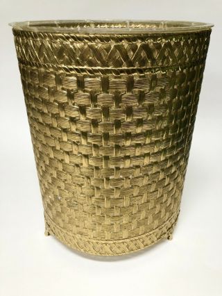 Hollywood Regency Gold Basket Weave Metal Footed Waste Basket With Liner