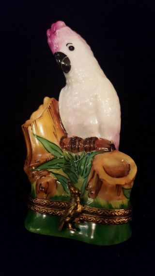 Vintage Limoges Trinket Box Parrot Cockatiel On Bamboo Stump Peint Main