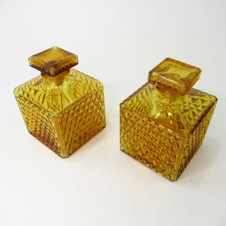 Set Of 2 Vintage Amber Colored Cut Glass Diamond Decanter Liquor Bottle W/top