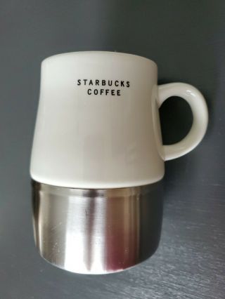Starbucks Coffee Mug W Stainless Bottom 14oz 2004 White Ceramic Metal Cup No Lid