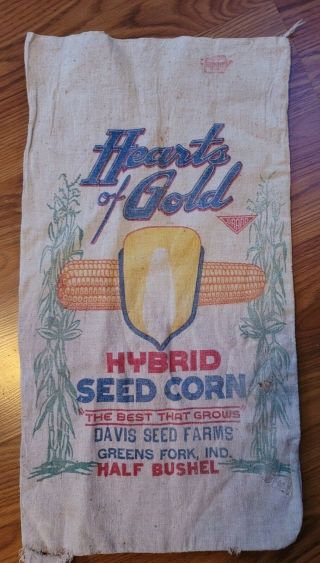 Vintage Hearts Of Gold Hybrid Seed Corn Advertising Cloth Seed Sack Greens Fork