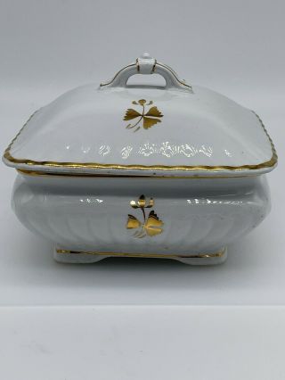Powell & Bishop Ironstone Tea Leaf Covered Dish Trimmed In Gold