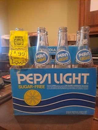 8 - Vintage Pepsi Light Cola And Lemon Clear Glass 16 Oz.  Bottles 8 Pack Carrier