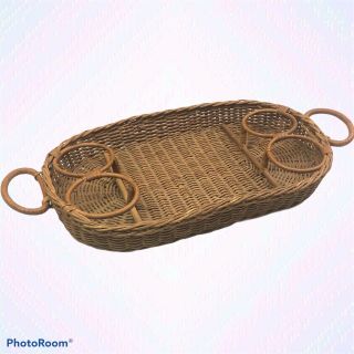 Vintage Wicker Rattan Serving Tray Cup Holders Handles Boho Natural Decor Brown
