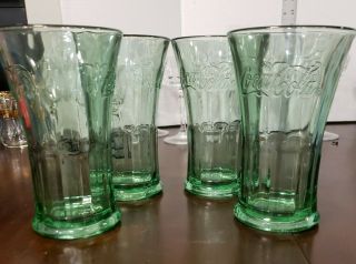 Vintage Libbey Green Glasses Coca Cola Coke Flared Tumblers Heavy 16oz Set Of 4
