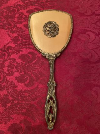 Vintage Brass Handheld Gold Tone Vanity Mirror With Rose