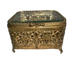 Vintage Matson Ormolu Filigree Beveled Glass Top Jewelry Casket Trinket Box