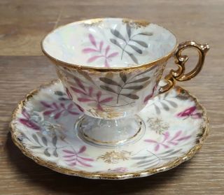 Royal Sealy Pedestal Tea Cup And Saucer Iridescent - Roses And Gold - Japan