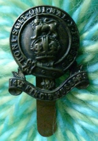Ww1 14th Kings Hussars Cap Badge Kc Brass Long Slider 26 Mm Antique