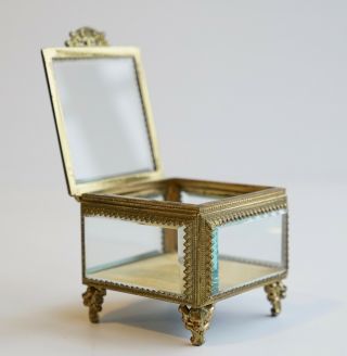 Vintage Ormolu Filigree Trinket Jewelry Box W/ Beveled Glass Casket Square Box