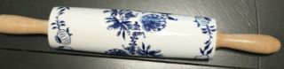 Vintage Rare Blue Onion Ceramic German Rolling Pin With Wooden Handles