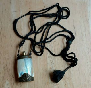 Antique Mother Of Pearl & Brass Perfume / Scent Bottle & Hand Woven Necklace