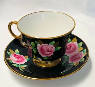 Vintage Adderley Bone China Black With Pink Rose Tea Cup And Saucer
