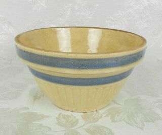 Vintage Yellow Ware Stoneware Pottery Mixing Bowl 6.  5 " Blue Stripes Ribbed