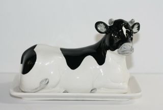 Otagiri Japan Ceramic Black & White Holstein Cow Covered Butter Dish Vintage