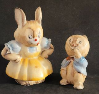Vintage Anthropomorphic Bunny Rabbit Salt Pepper Shaker Set Japan Mom Son Easter