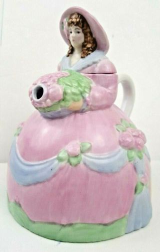 Vintage Southern Bell Victorian Lady Teapot Pink Green Full Dress Applause Inc