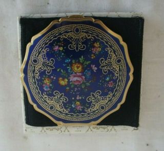 Vintage Stratton Floral Blue Enamel Compact Case With Box And Dust Bag