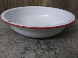 Vintage White Enamel Porcelain Bowl Basin W/red Trim Metal 16.  5”x4 " Farmhouse